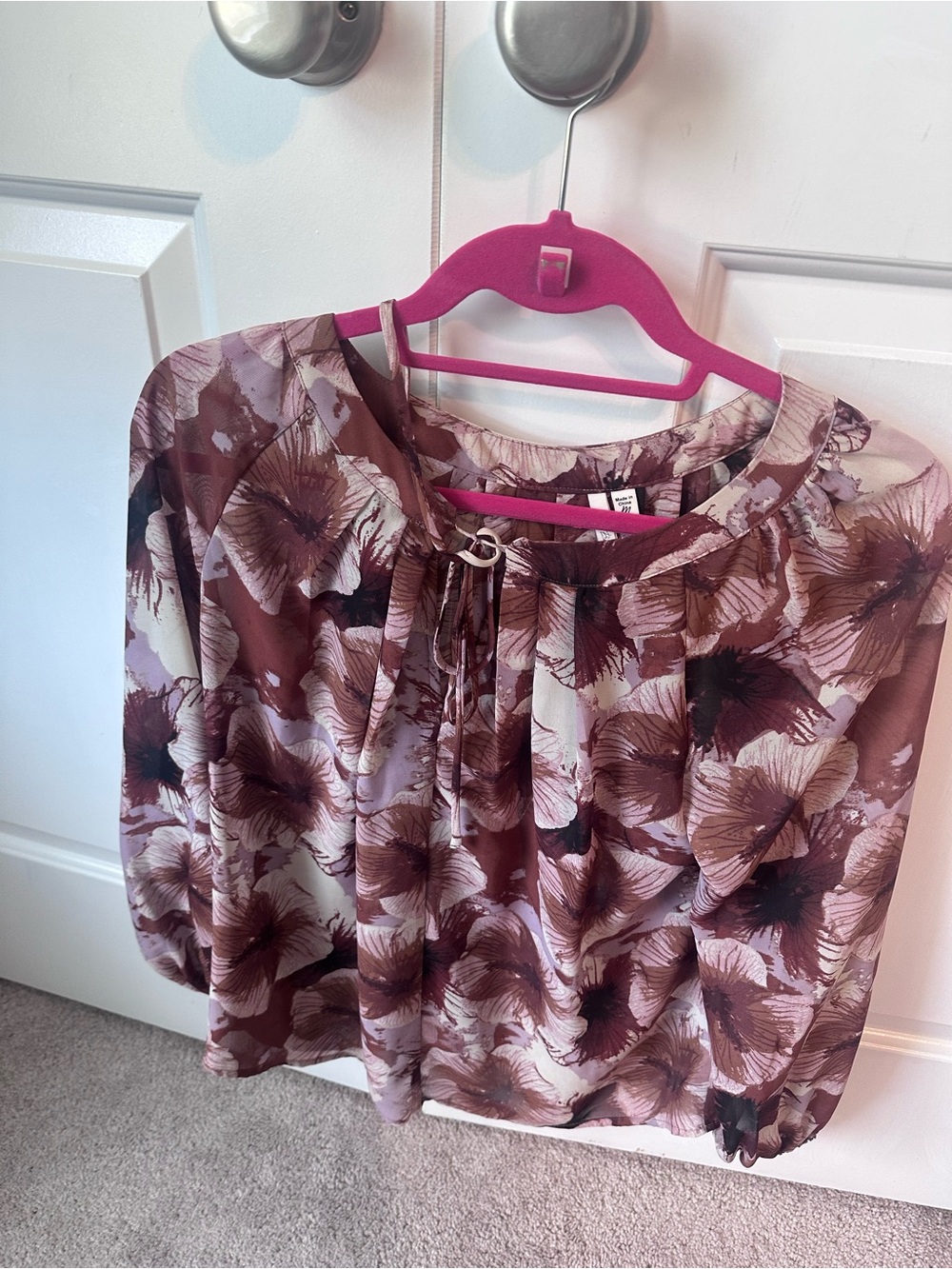 Bellatrix Mauve and Cream Floral Tie-Neck Blouse